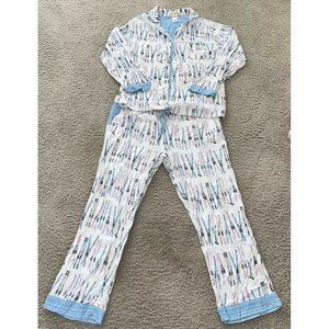 Munki Munki Soft White Blue Pink Pajama Set Skis Poles Mittens Size XL Fleece